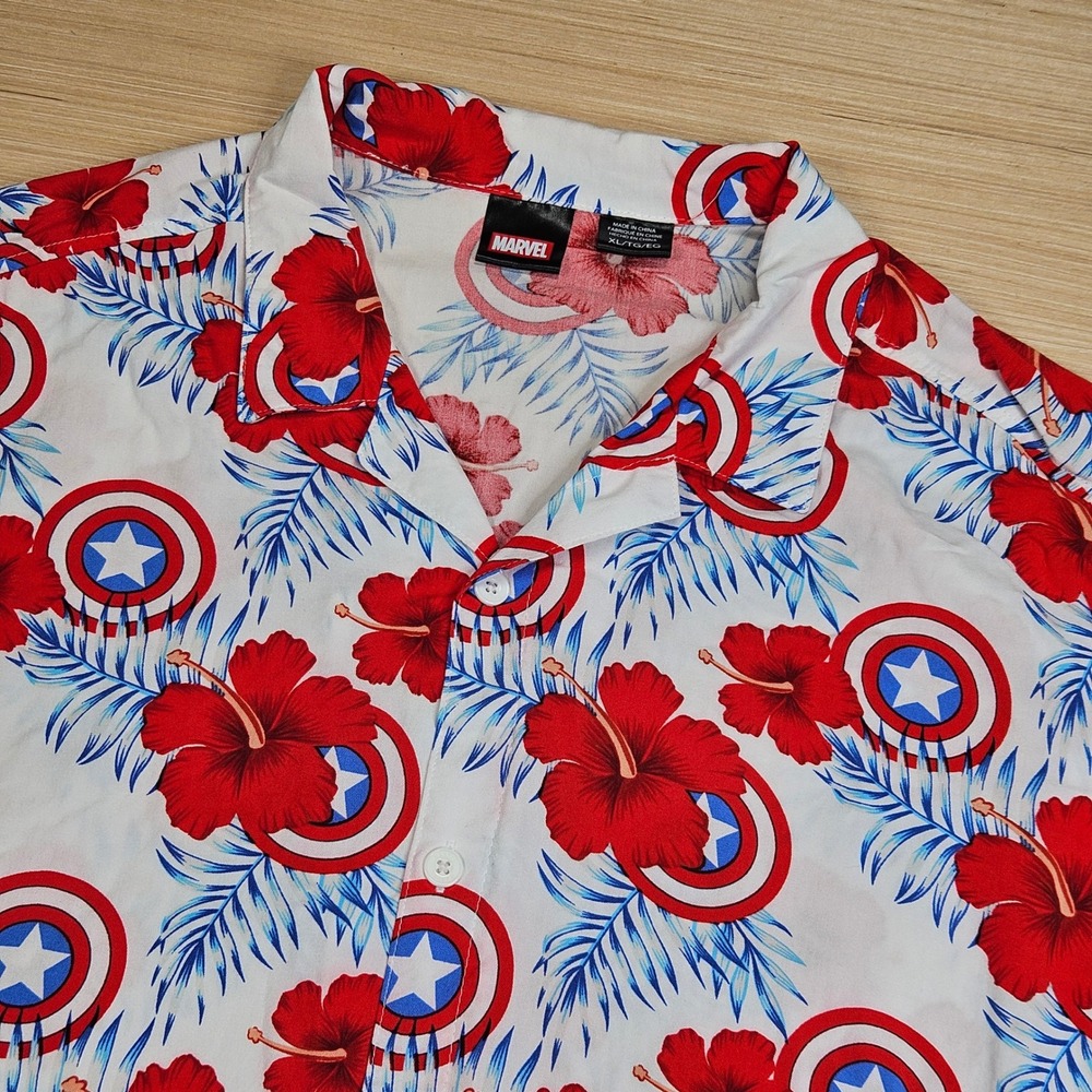 Marvel Button Up Shirt Men XL White Captain America Shield Hibiscus Floral Rayon